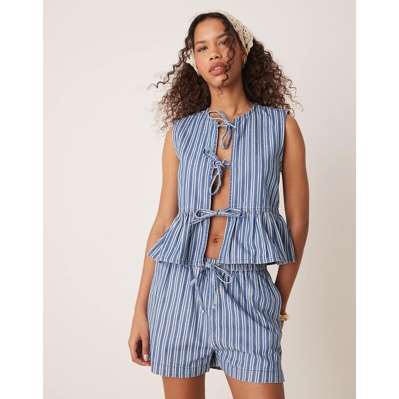 Threadbare co-ord tie front denim stripe waistcoat in blue 106553495