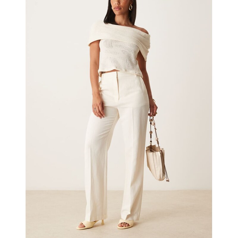 ASOS DESIGN tailored slim straight linen trousers in cream-White 115735046