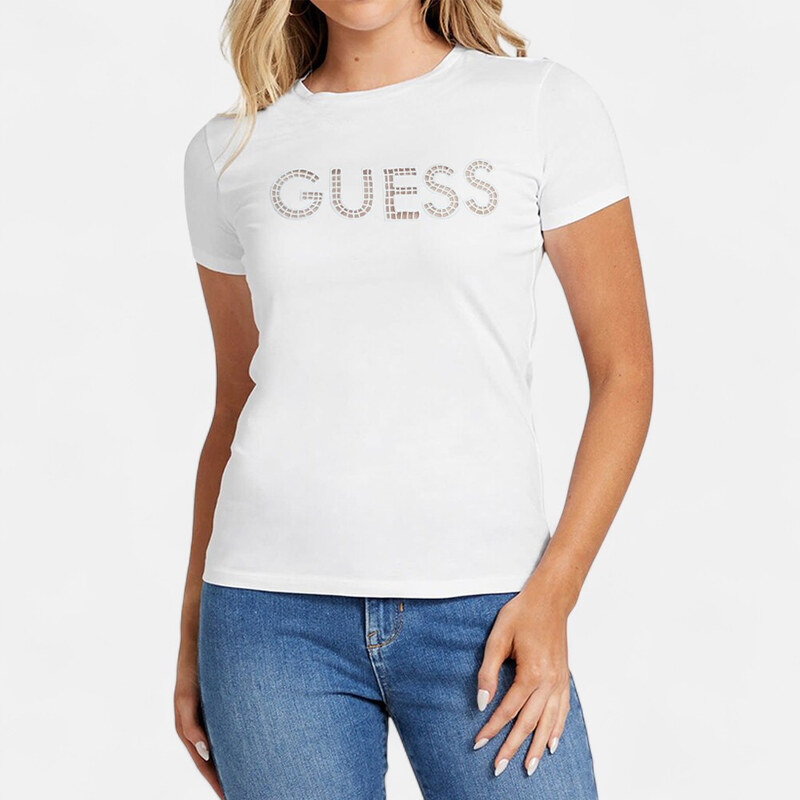 Dámské bílé triko Guess s perforovaným logem 56237