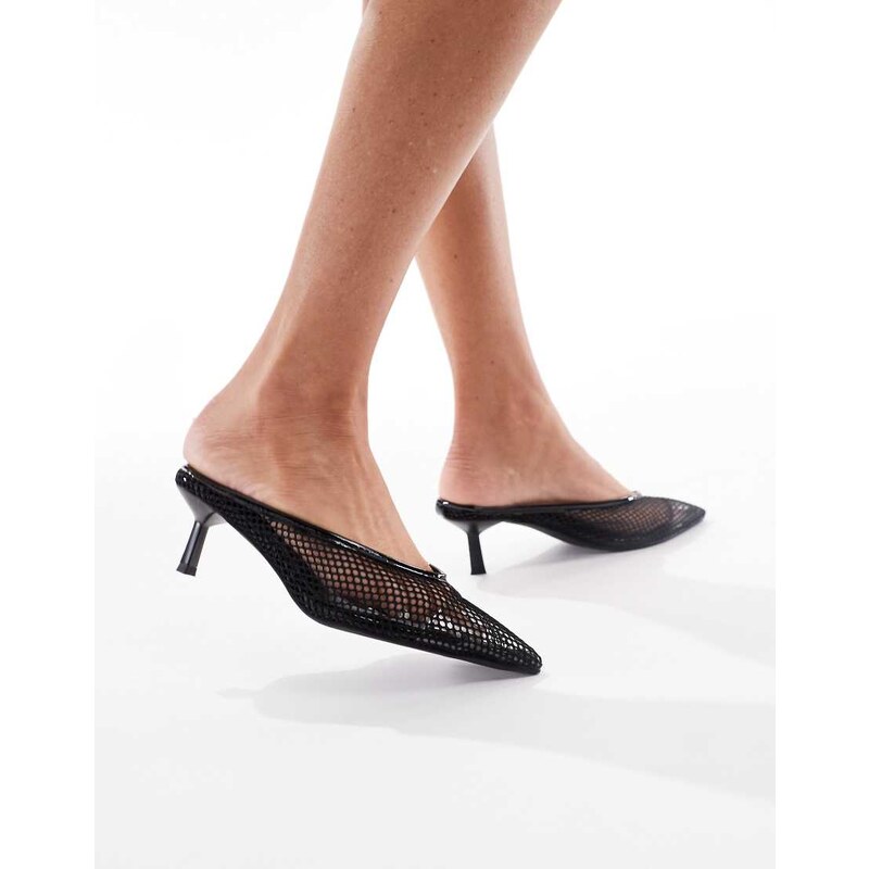London Rebel mule sandal with kitten heel in black mesh
