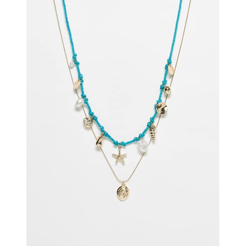 ASOS DESIGN two-pack blue cord and gold tone chain with sea-life 106285467