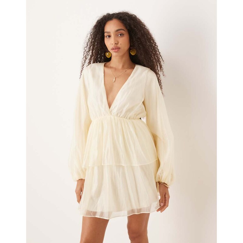 Gina Tricot long sleeve v neck mini dress in butter yellow