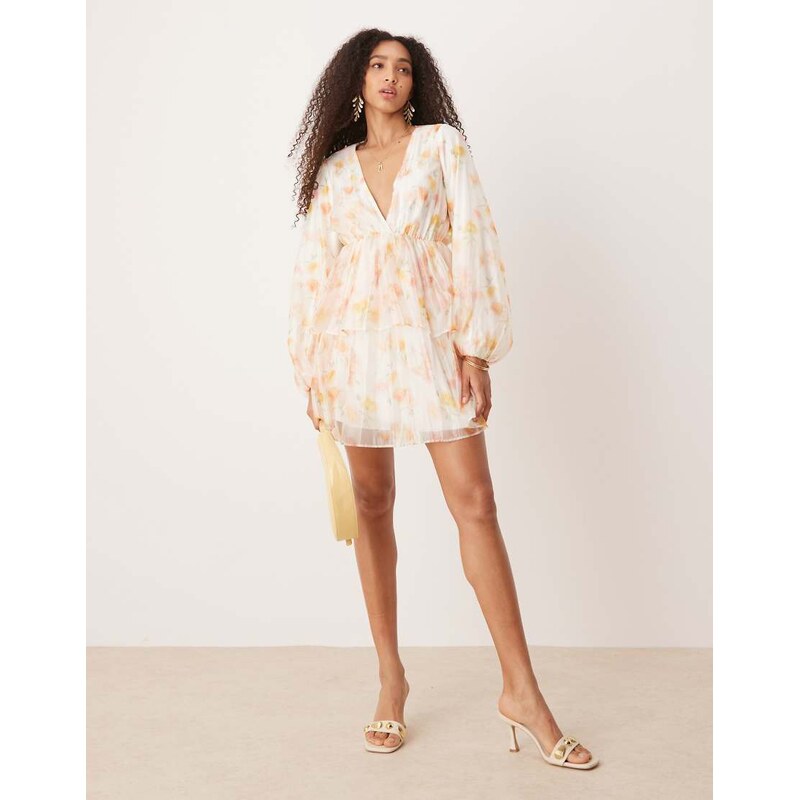 Gina Tricot long sleeve v neck mini dress in watercolour multi print 106568279