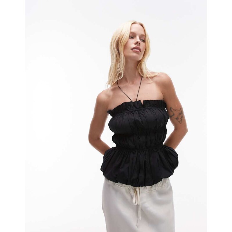Mango featuring Kaia Gerber premium cotton shirred bandeau top with 112882789