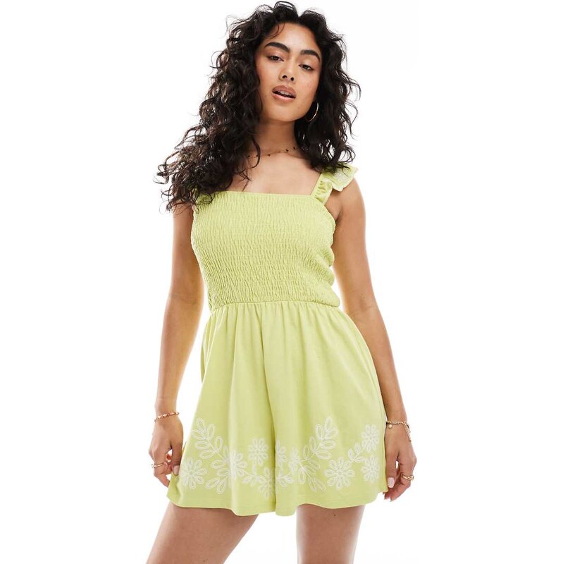 Miss Selfridge embroidered frill sleeve playsuit in pale green 106291470