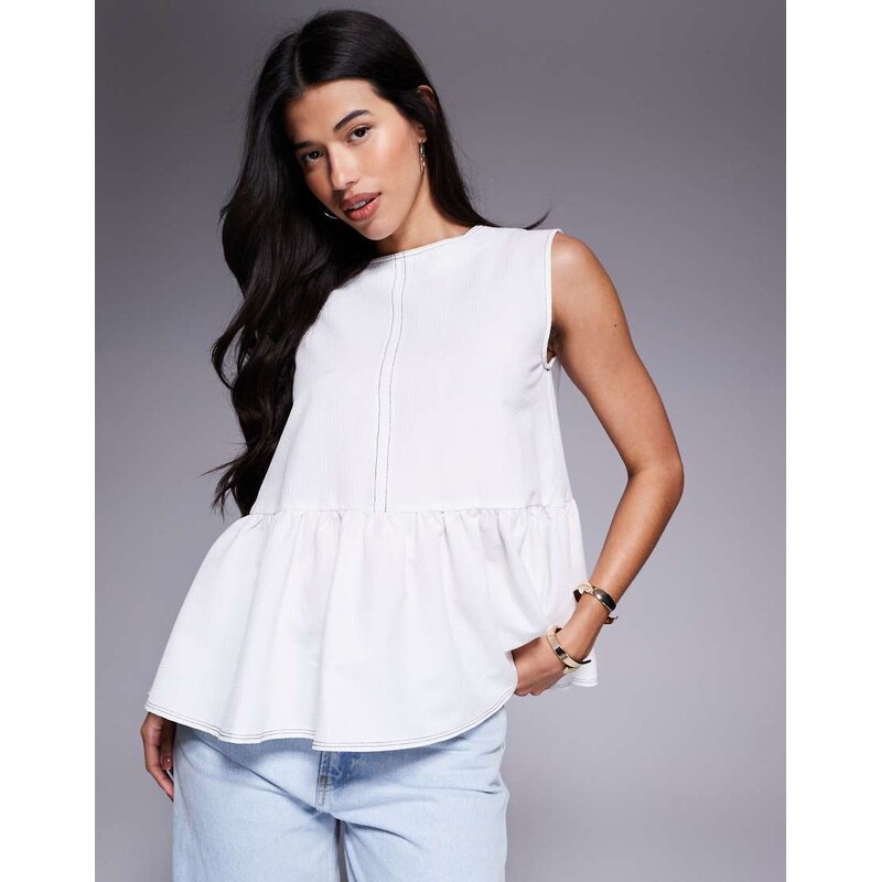 ASOS DESIGN sleeveless peplum top with contrast stitch in cream-White 113261314
