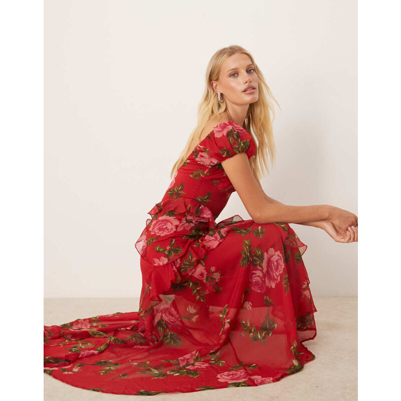 ASOS DESIGN gathered sleeve midi dress with ruffles in red based