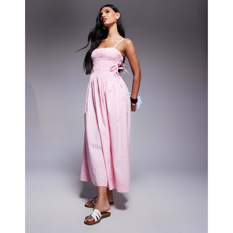 River Island shirred strappy midi dress in pink