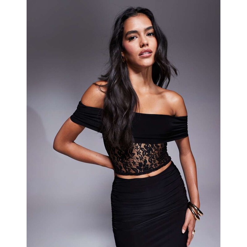 Missyempire double sculpted slinky deep bardot lace top co-ord in 106291652