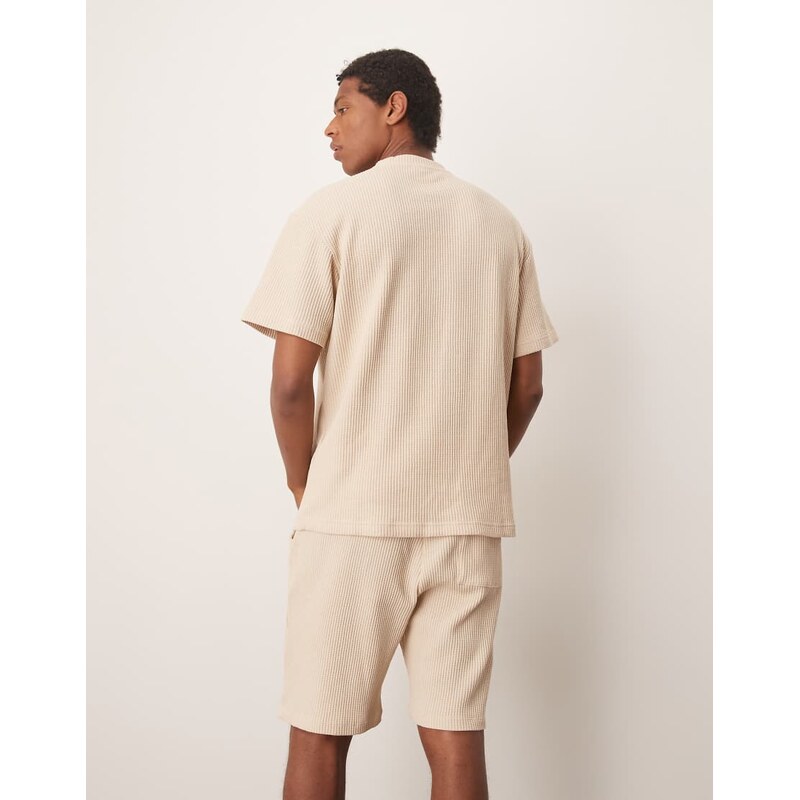 Selected co-ord oversized waffle t-shirt in cream-White