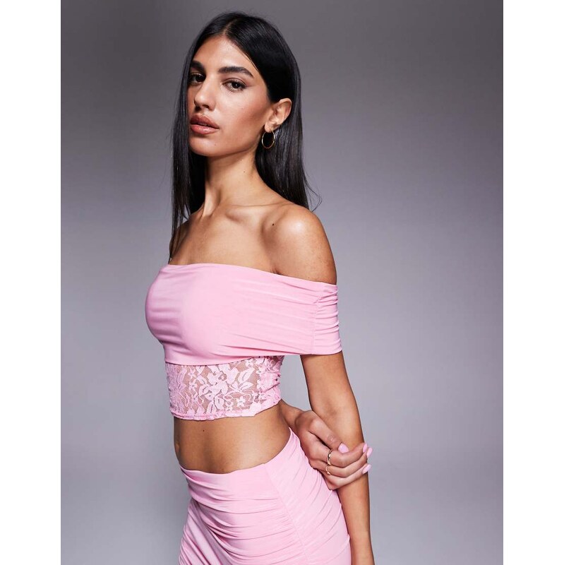 Missyempire double sculpted slinky deep bardot lace top co-ord in pink 106302775