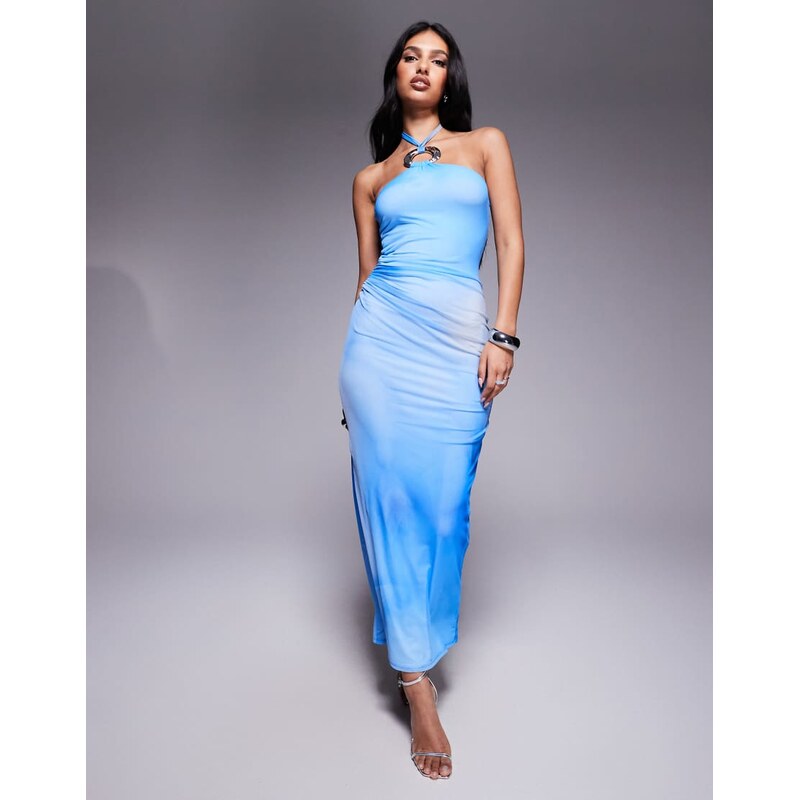 ASOS DESIGN mesh halter midi dress with silver hardware in blue