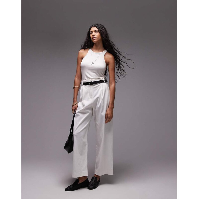 Topshop premium double pleat straight leg tailored trouser in white 106293358