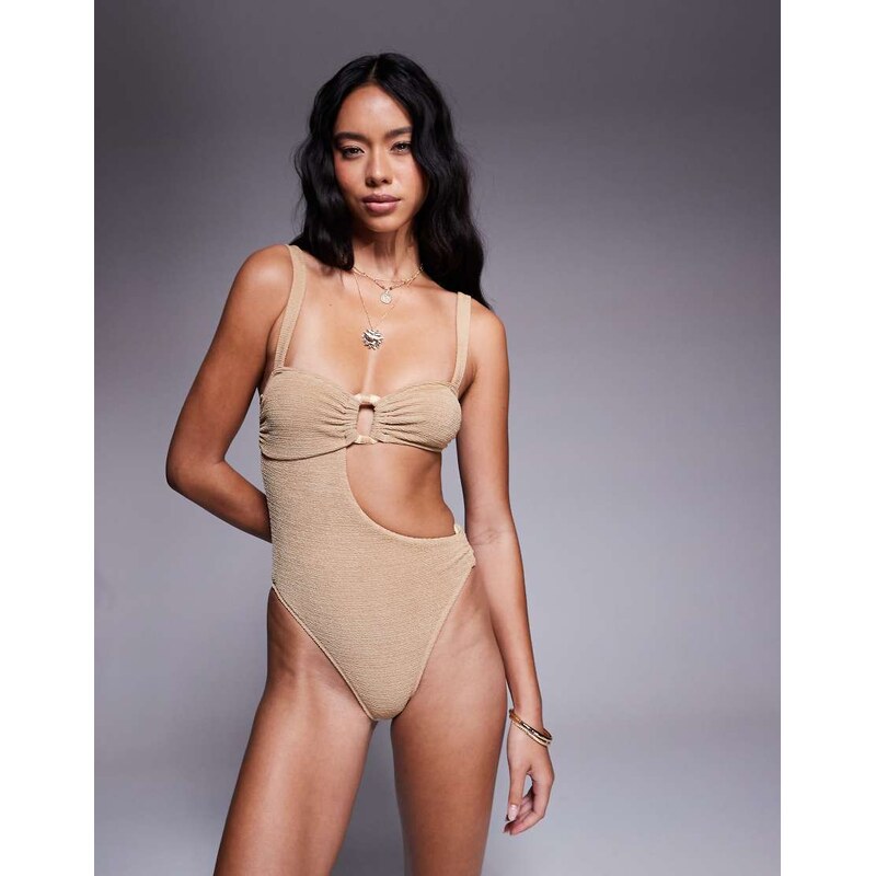 ASOS DESIGN Eloise textured cut out swimsuit with raffia trim in beige 106293401