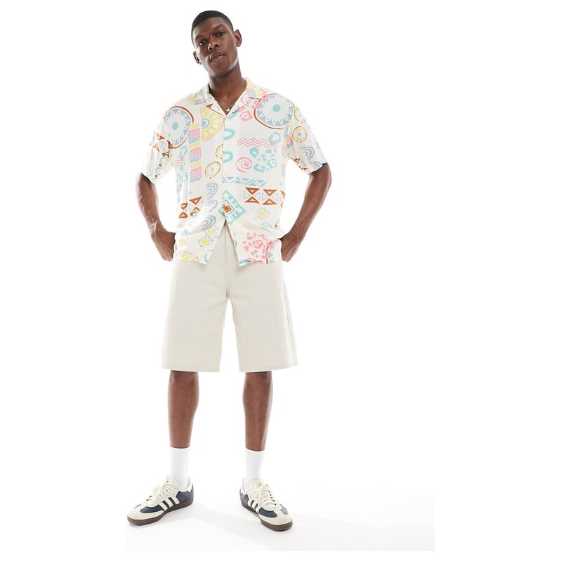 Jack & Jones oversize shirt with multi print in beige-Neutral