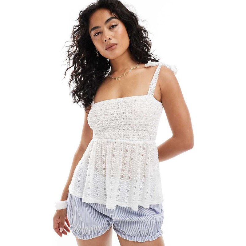 Miss Selfridge textured lace tie shoulder cami top in cream-White 106821170