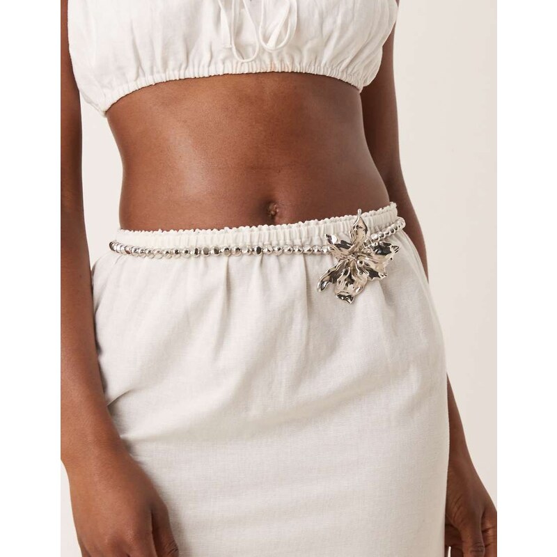 ASOS DESIGN waist and hip chain and bead flower belt in silver 107119191