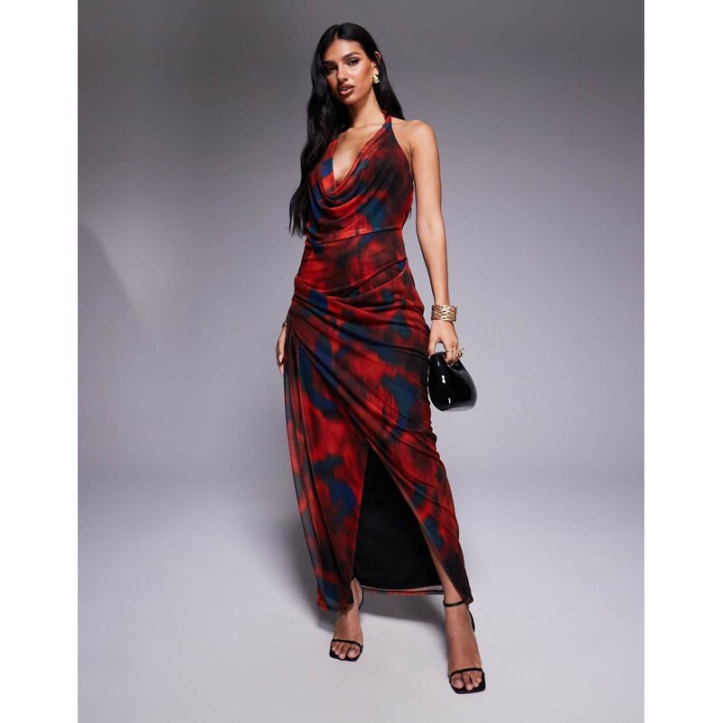 ASOS DESIGN mesh plunge halter midi dress with wrap skirt in