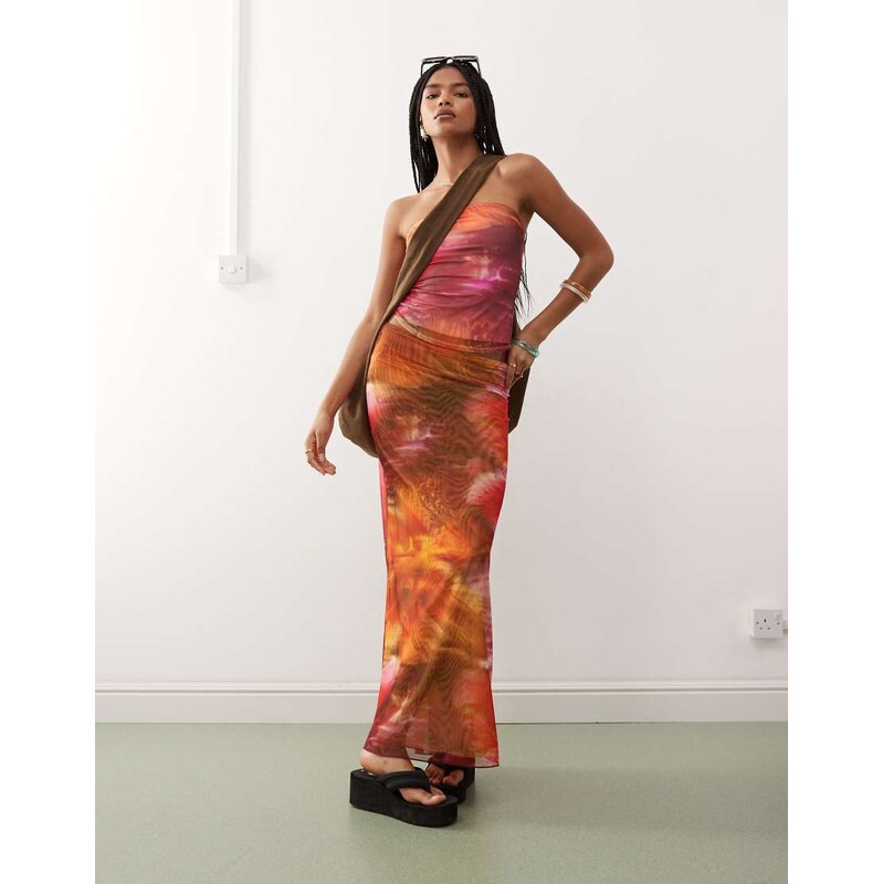 Monki co-ord mesh maxi skirt in pink & orange tropical flower