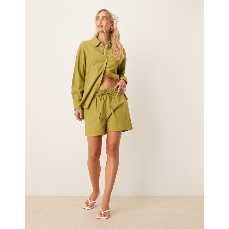 ASOS DESIGN linen look pull on short co-ord in olive-Green