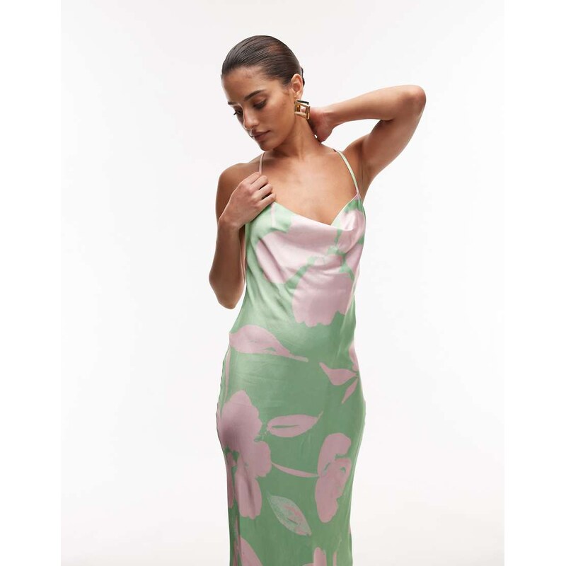 Topshop cowl maxi slip dress in lime and pink floral-Green