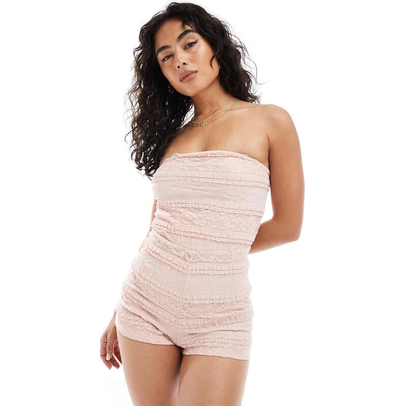 Miss Selfridge ruffle texture bandeau playsuit in pale pink 106627342