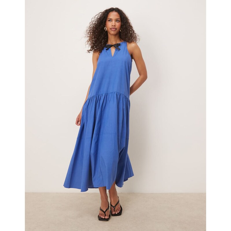 Ghospell tiered midi dress with contrast bow in blue 115691577