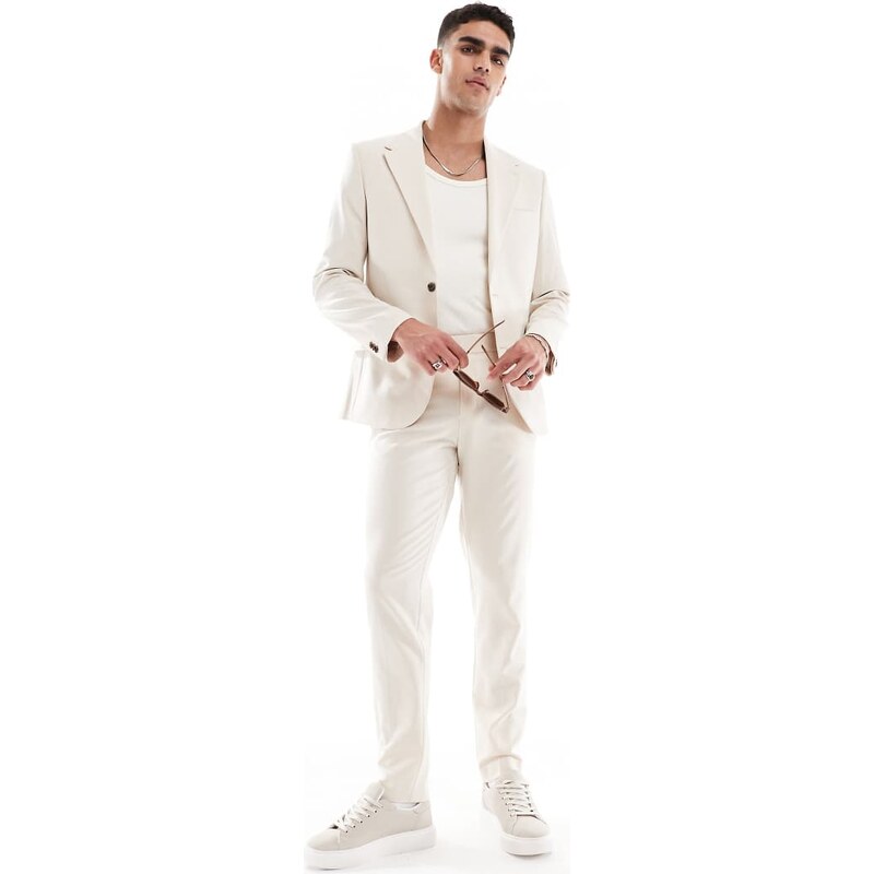 ASOS DESIGN four way stretch skinny suit jacket in stone-Neutral