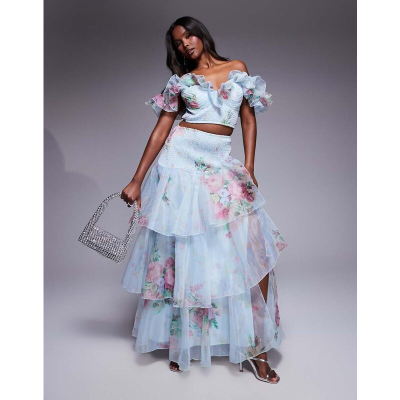 ASOS LUXE co-ord shirred chiffon maxi skirt in blue floral 114780694