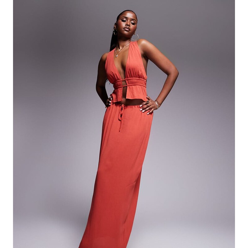 Kaiia exclusive tie waist maxi skirt co-ord in rust-Orange 106737578