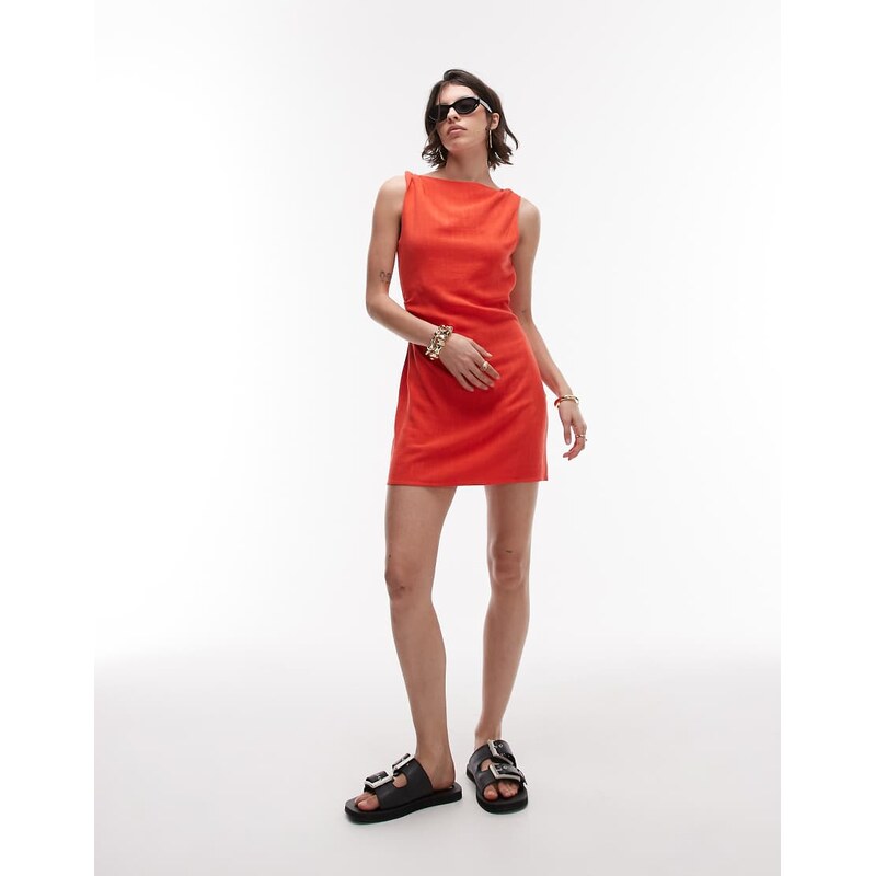 Topshop twist shoulder mini linen dress in red