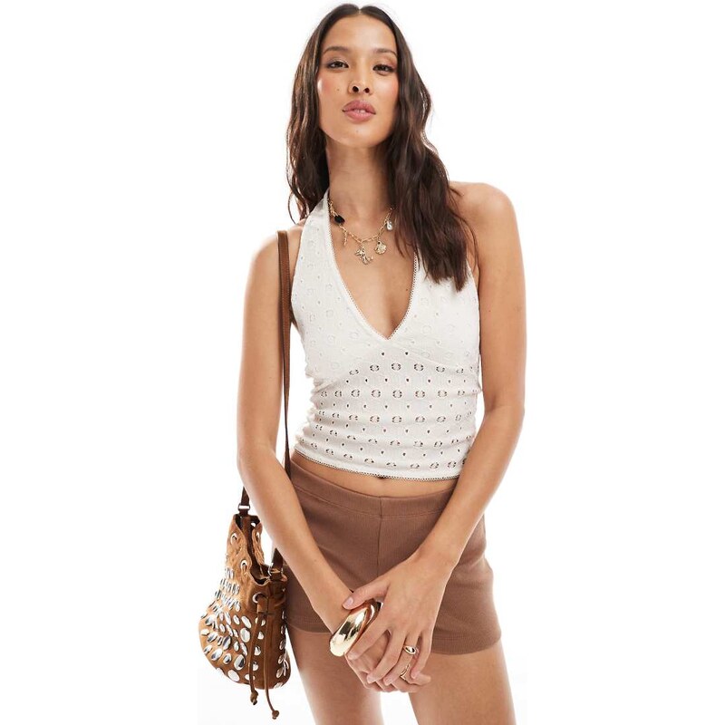 Miss Selfridge crochet jersey v neck top co ord in ecru-White 115746214