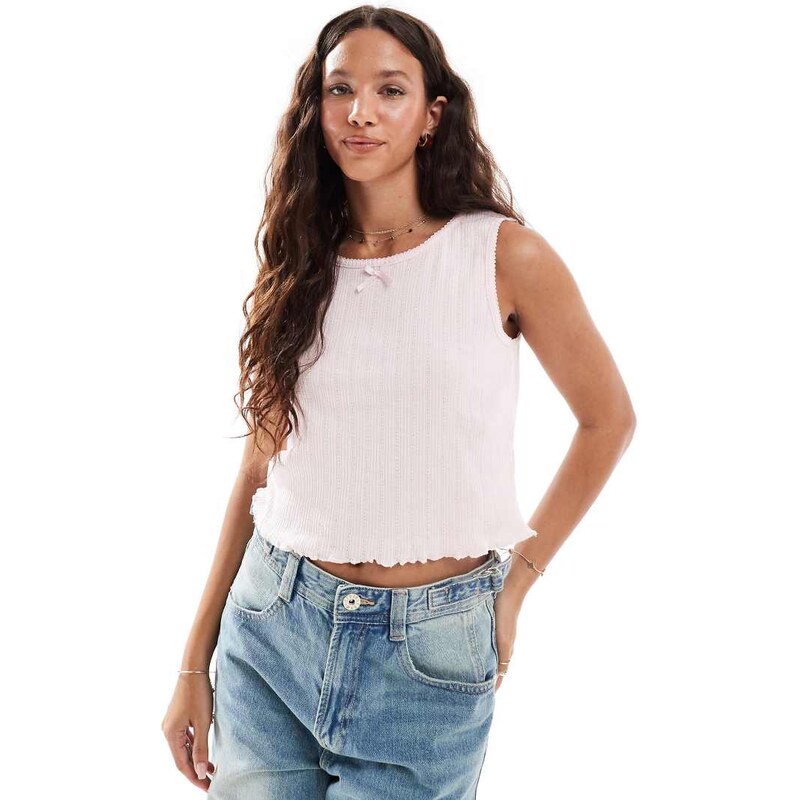 Pieces sleeveless cropped pointelle top with bow trim in pale