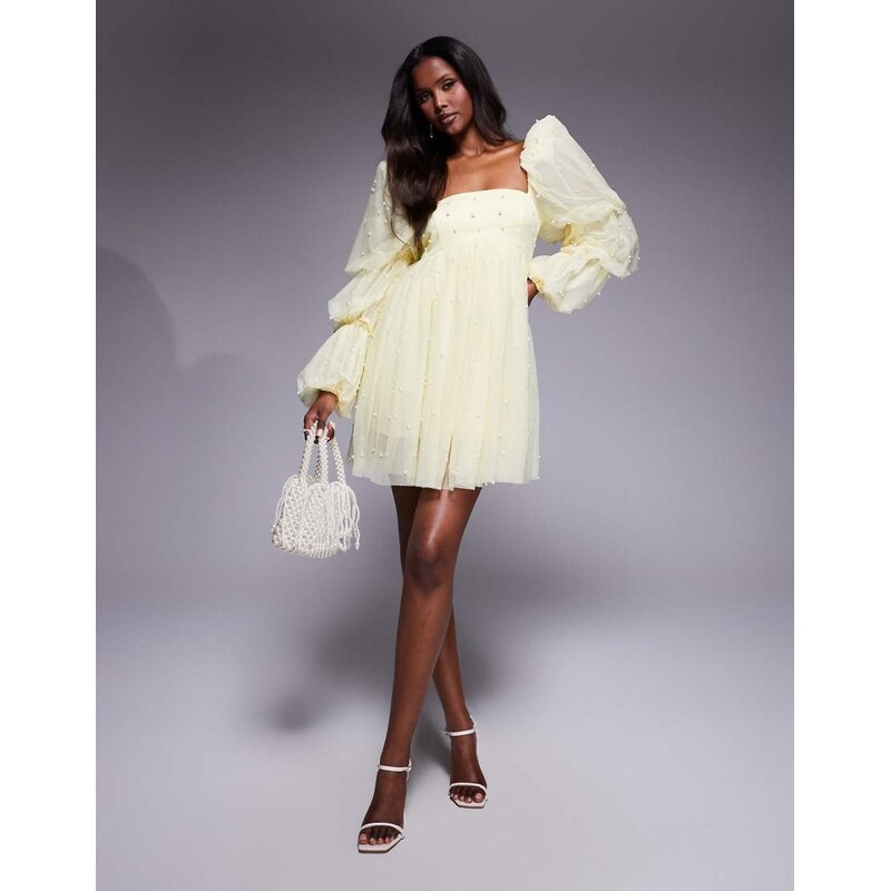 ASOS LUXE tulle baby doll dress with pearl embellishment in buttermilk 112939749