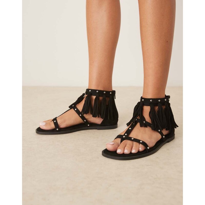 ASOS DESIGN Feather studded fringe flat sandals in black 113260903