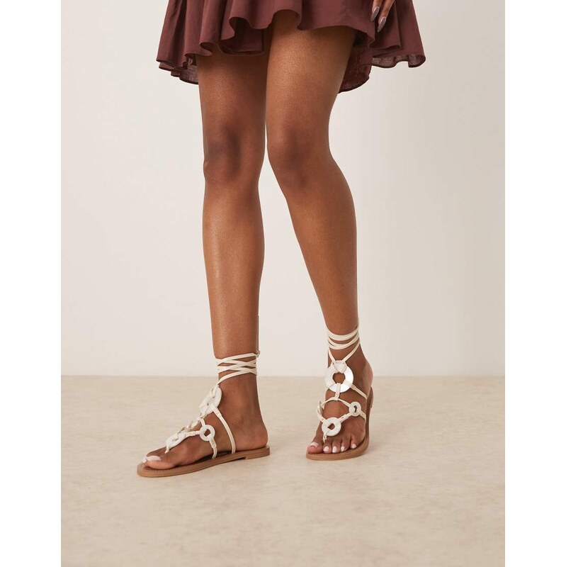 ASOS DESIGN Fiona trim tie leg flat sandals in white 112139670
