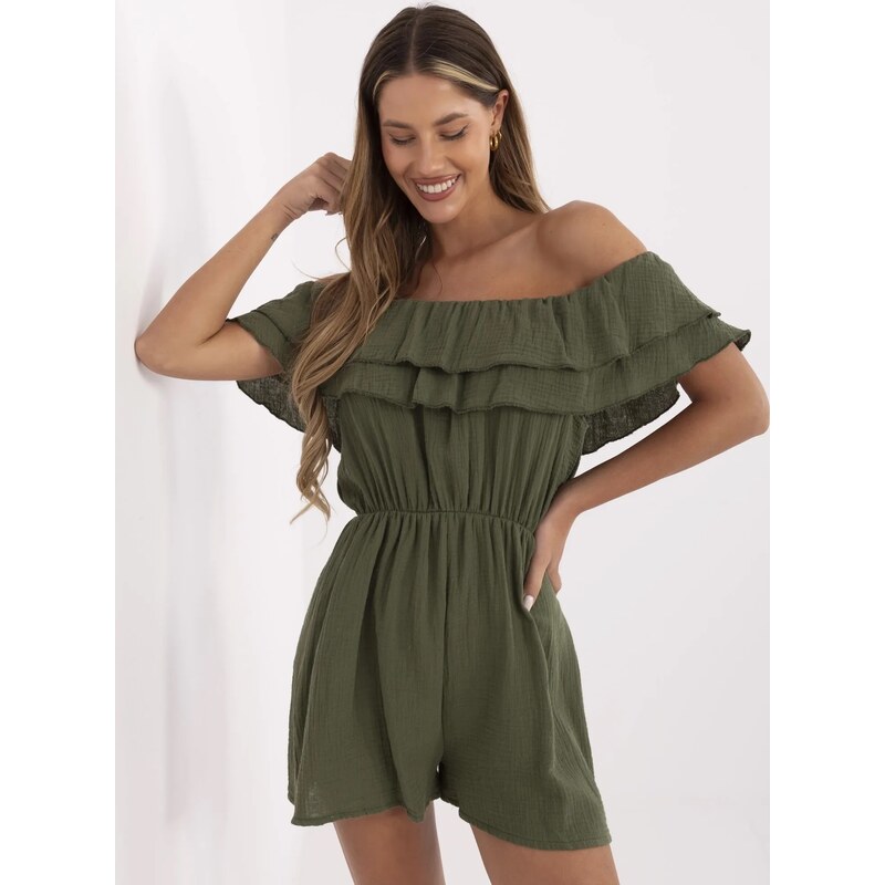 ITALY MODA Khaki dámský mušelínový overal s odhalenými rameny -khaki 106308534