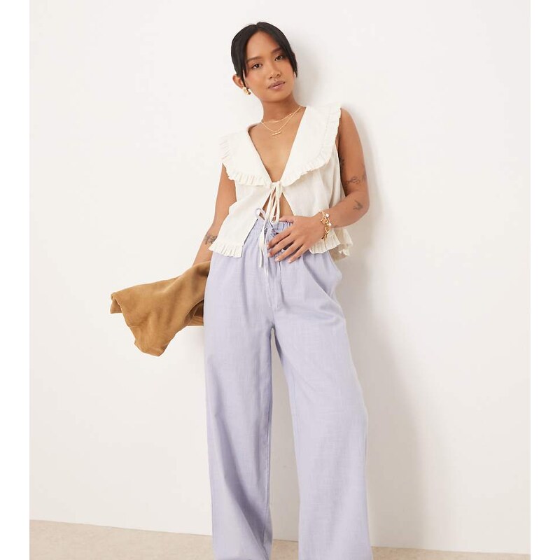 ASOS Petite ASOS DESIGN Petite linen look pull on trousers in blue 115511407