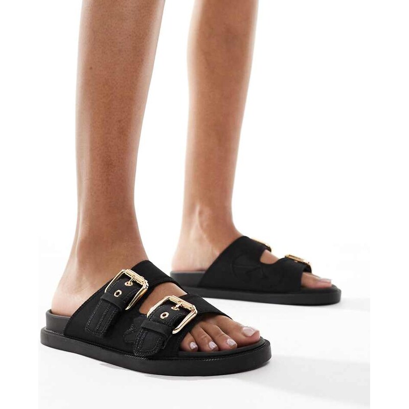 London Rebel double strap buckle detail sandal in black 106619583