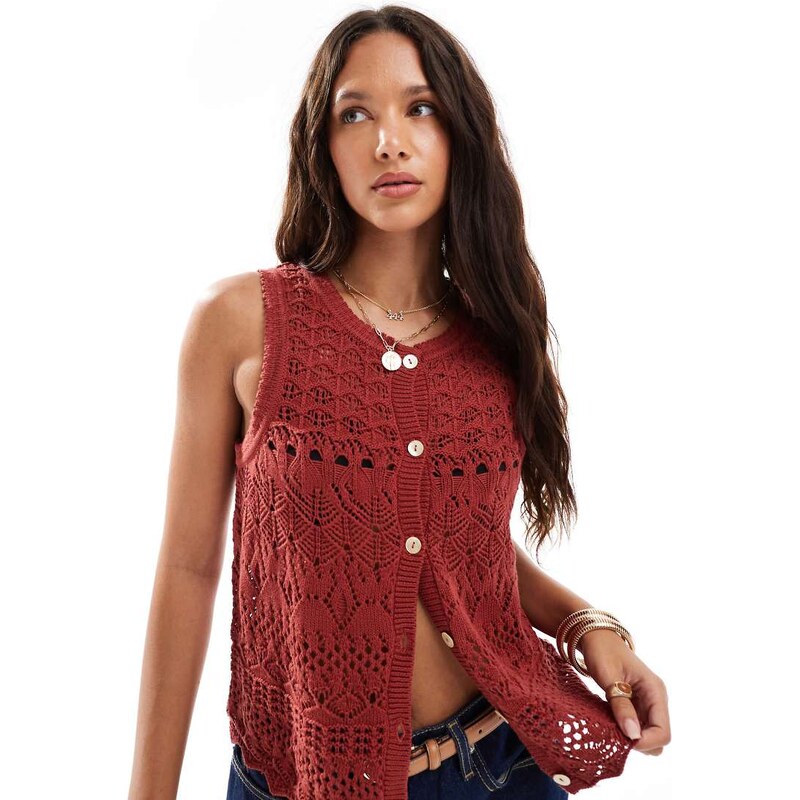 Brave Soul open knit crochet waistcoat with pocket detail in red 106345605