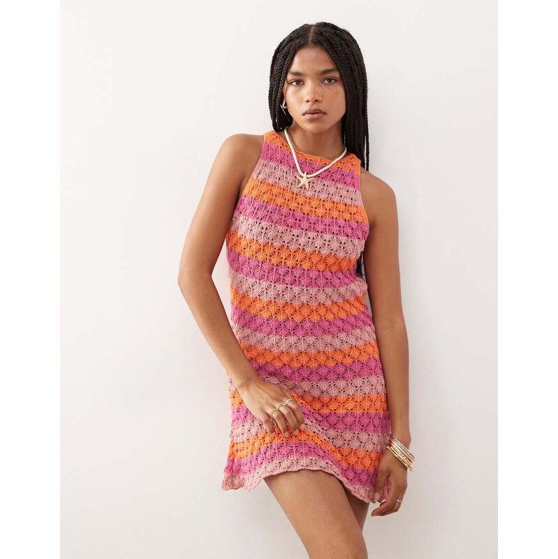 Reclaimed Vintage crochet stripe mini dress in multi stripe-Pink