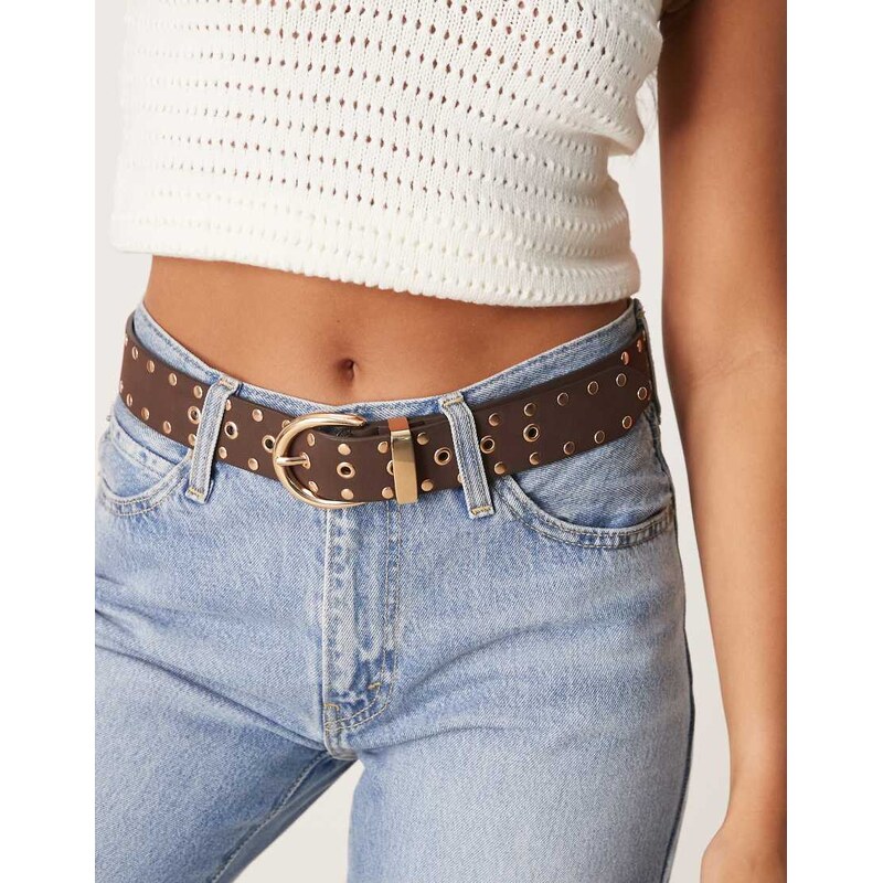 ASOS DESIGN faux suede waist and hip jeans belt in studded chocolate 106355677