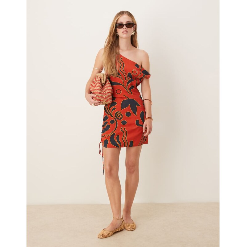 ASOS DESIGN off shoulder ruched side mini dress in red print-Multi 106347272
