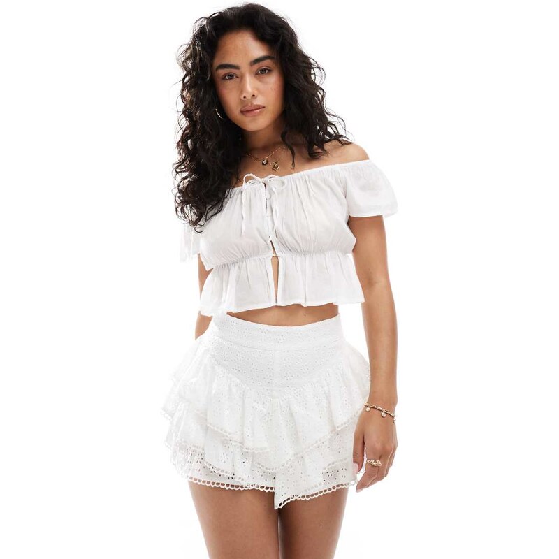Miss Selfridge broderie ruffle mini short in white-Multi 115362202
