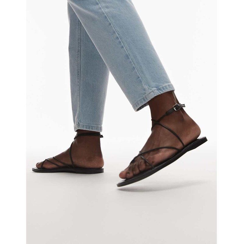 Topshop Kim real leather strappy flat sandal in black