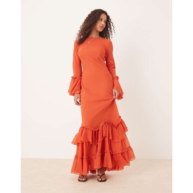 ASOS DESIGN tiered ruffle long sleeve chiffon maxi dress in red