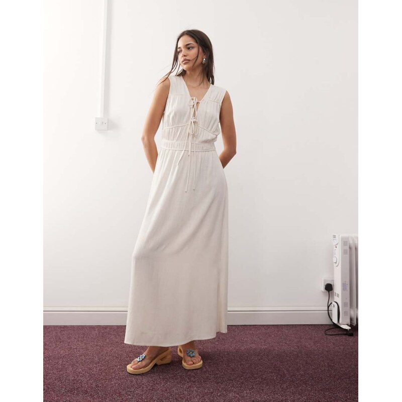 Reclaimed Vintage maxi linen blend sun dress with ruching and ties in 113260742