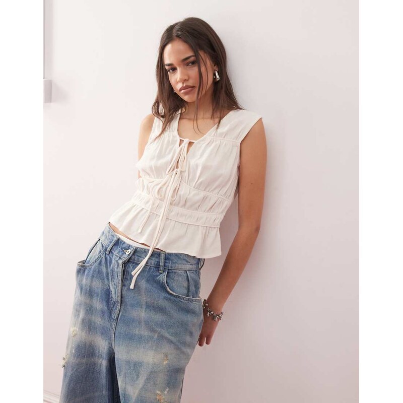 Reclaimed Vintage tie front top in ecru linen blend-Neutral