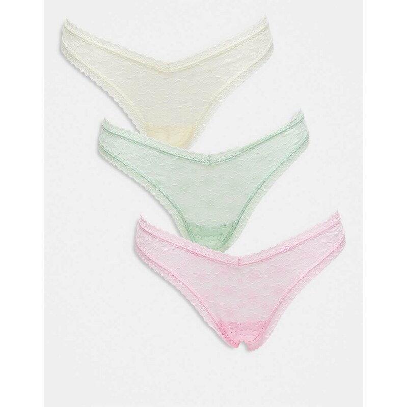 ASOS DESIGN 3 pack all over lace dipped front thong in pastels-Multi 106355628