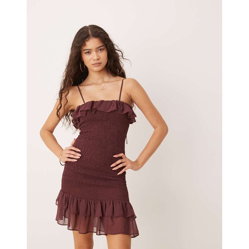 ASOS DESIGN cami tie shirred ruffle mini in chocolate-Brown
